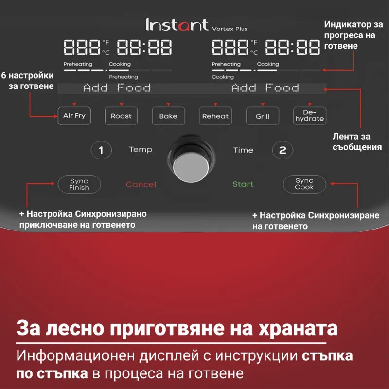 Фритюрник с горещ въздух Instant Pot Vortex Plus VersaZone ClearCook 140410001, 2 зони, 1700W, 8.5 л, 6 програми, SyncCook, SyncFinish, Черен/сив