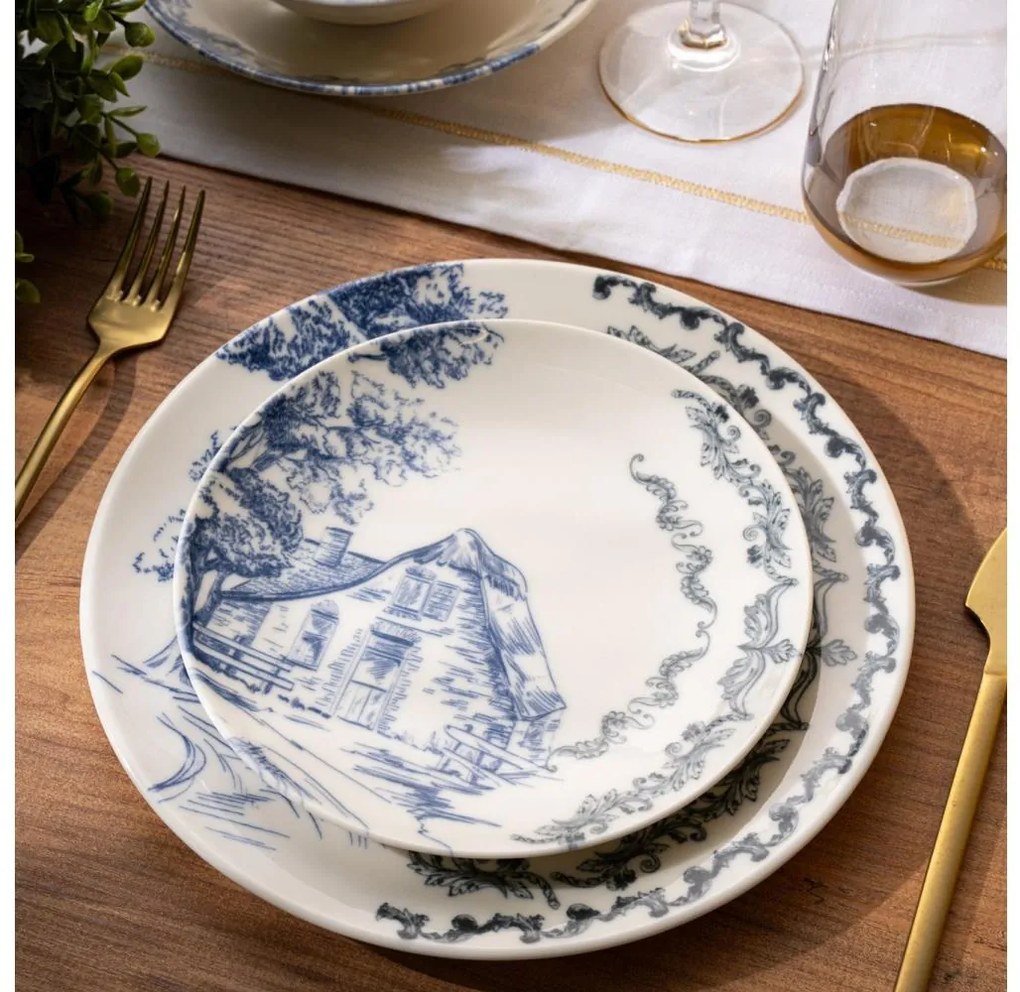 Комплект за хранене 24 части бял/син/порцелан