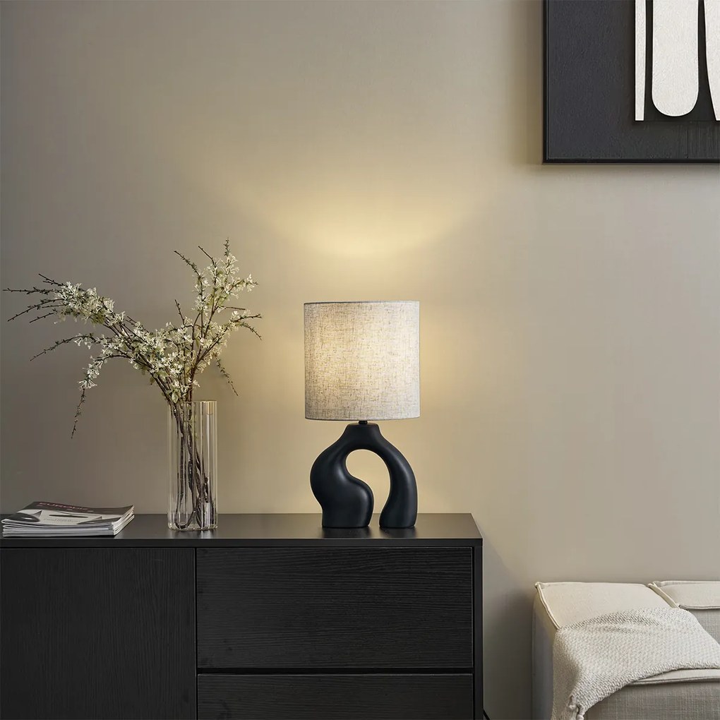 Japandi настолна лампа черна с ленен абажур - Dahlia