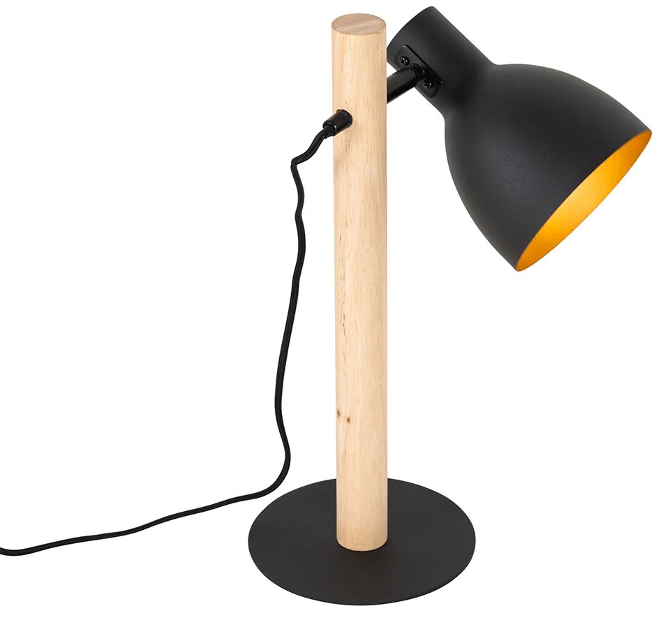 Ръстична настолна лампа черна с дърво - Flint
