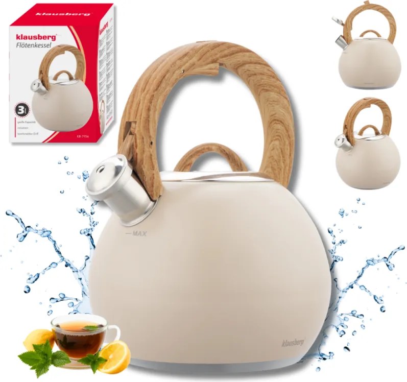Свирещ чайник Klausberg KB 7956, 3l, Термоизолирана дръжка, Многослойно дъно, Индукция, Бежов