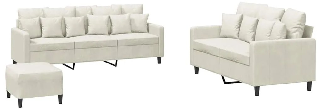 3201738 vidaXL Комплект дивани от 3 части с възглавници, кремав, кадифе