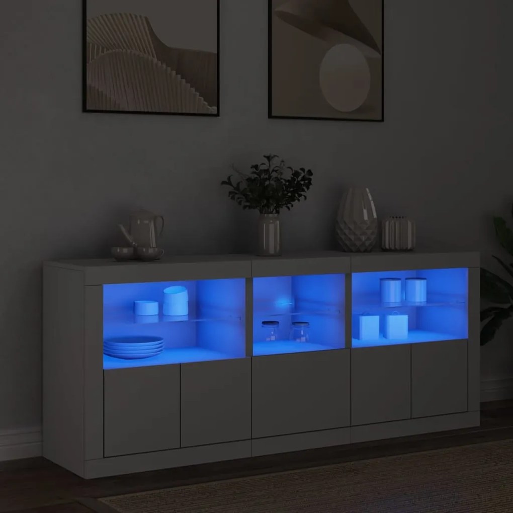 Sonata H Сайдборд с LED светлини, бял, 162x37x67 см