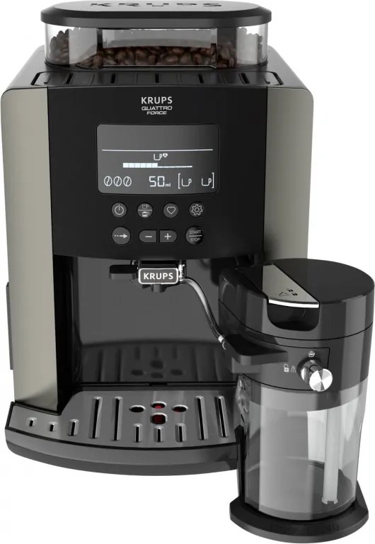 Кафеавтомат Krups Arabica Latte EA819E10, 1450W, 15 bar, 1.7 l, LCD, 5 програми, 3 функции, 3 настройки за темп. и аромат, Milk Comfort / One Touch Cappuccino, Черен