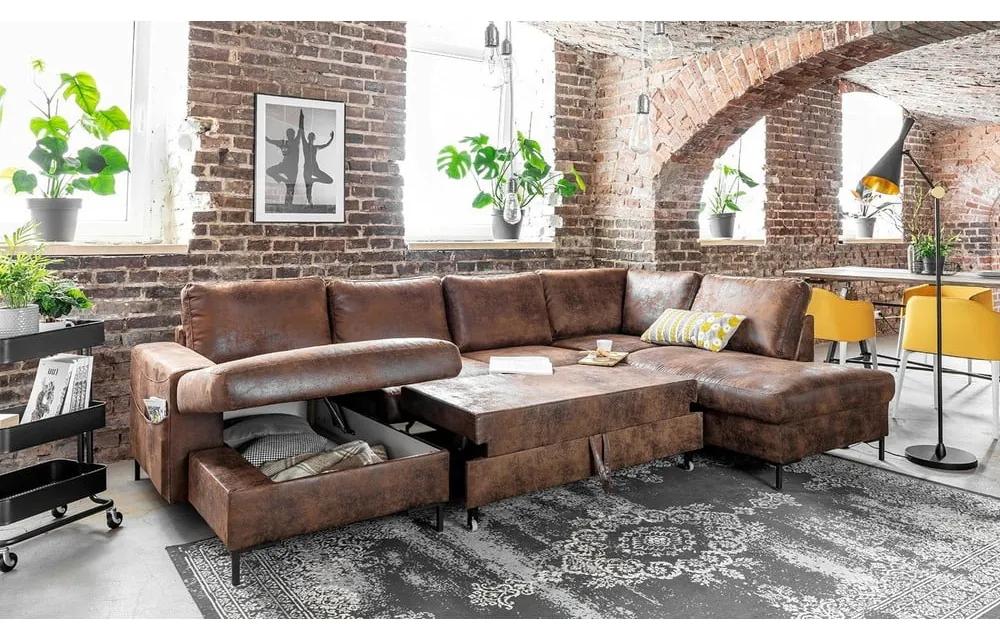 Кафяв U-образен разтегателен диван с имитация на кожа Vintage, десен ъгъл Lofty Lilly - Miuform