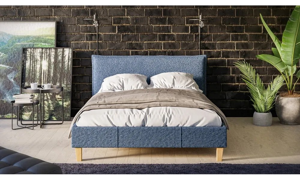 Синьо тапицирано двойно легло с решетка 140x200 cm Tina - Ropez