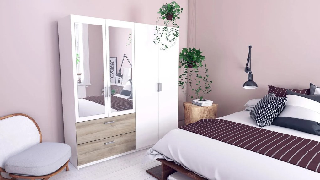 Гардероб Coben Четирикрилен-дъб - бял