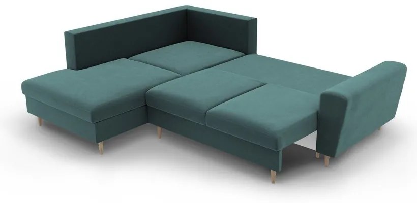 Кадифен разтегателен ъглов диван с място за съхранение в петролен цвят (ляв ъгъл/L форма) Kyoto – Cosmopolitan Design