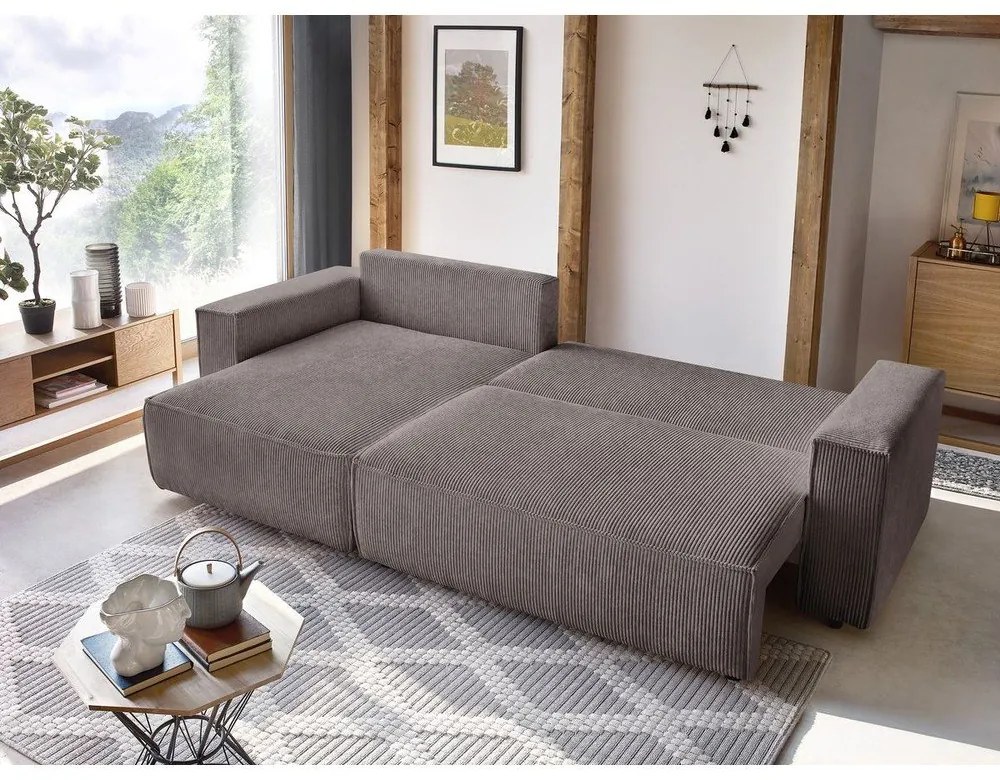 Кафяво-сив сгъваем/с място за съхранение ъглов диван от рипсено кадифе Nihad – Bobochic Paris