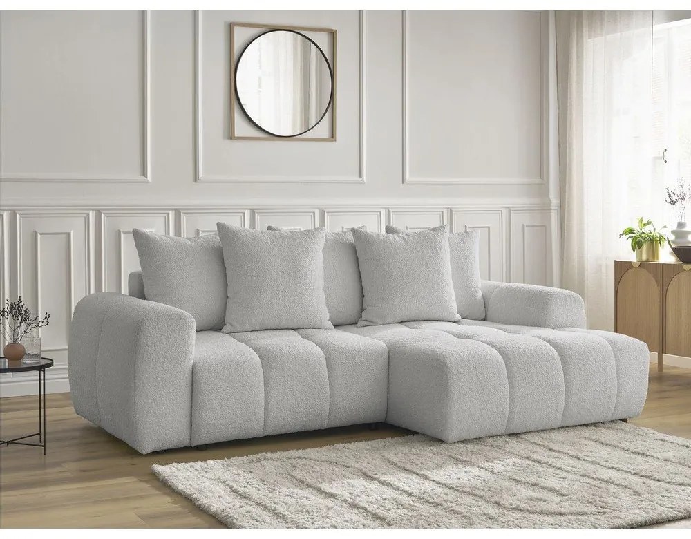 Светлосив разтегателен ъглов диван с място за съхранение от букле (десен ъгъл) Roxelane – Bobochic Paris
