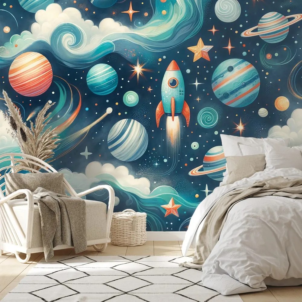 Самозалепващ тапет – Цветна вселена с ракета