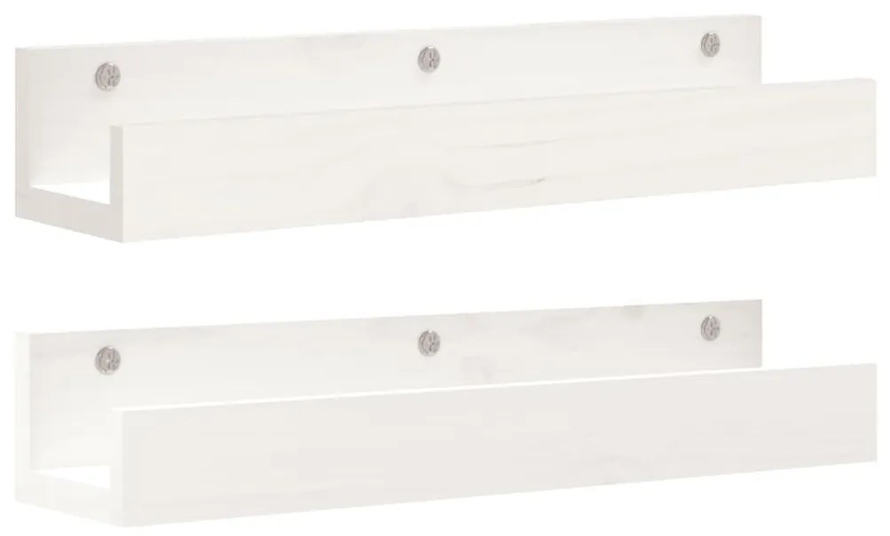 823585 vidaXL Стенни рафтове 2 бр бели 50x12x9 см масивно борово дърво