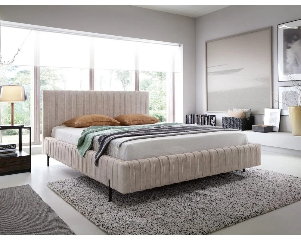 Бежово двойно легло 180x200 cm тапицирано с място за съхранение с включена подматрачна рамка Plissa – ELTAP