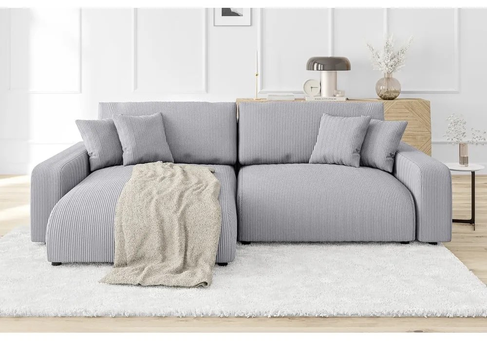 Светлосив разтегателен ъглов диван от рипсено кадифе (променлив) Sara – Ropez