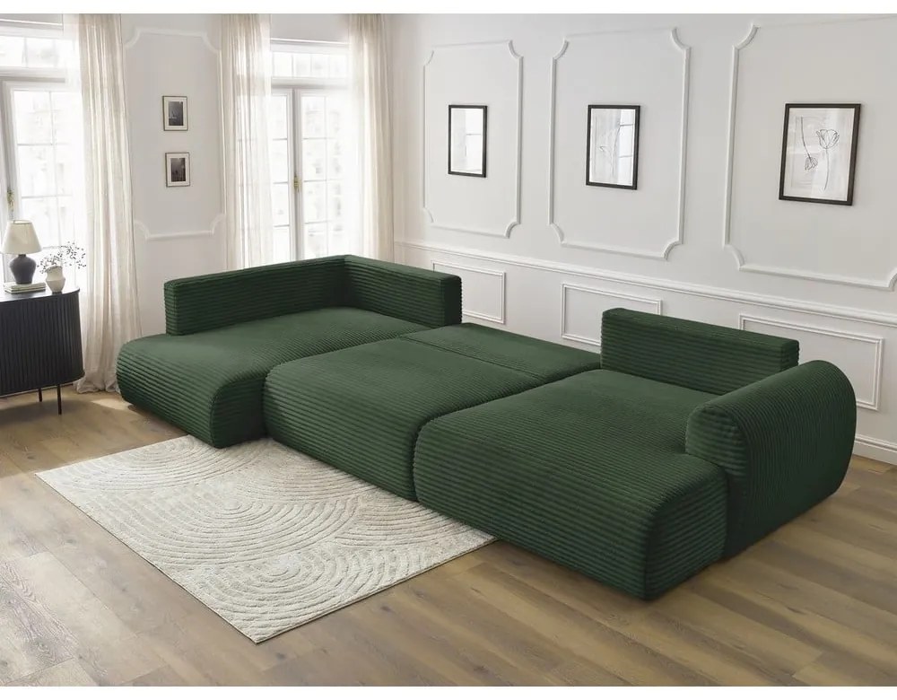 Тъмнозелен сгъваем/с място за съхранение ъглов диван от рипсено кадифе (ляв ъгъл/U форма) Lucien – Bobochic Paris