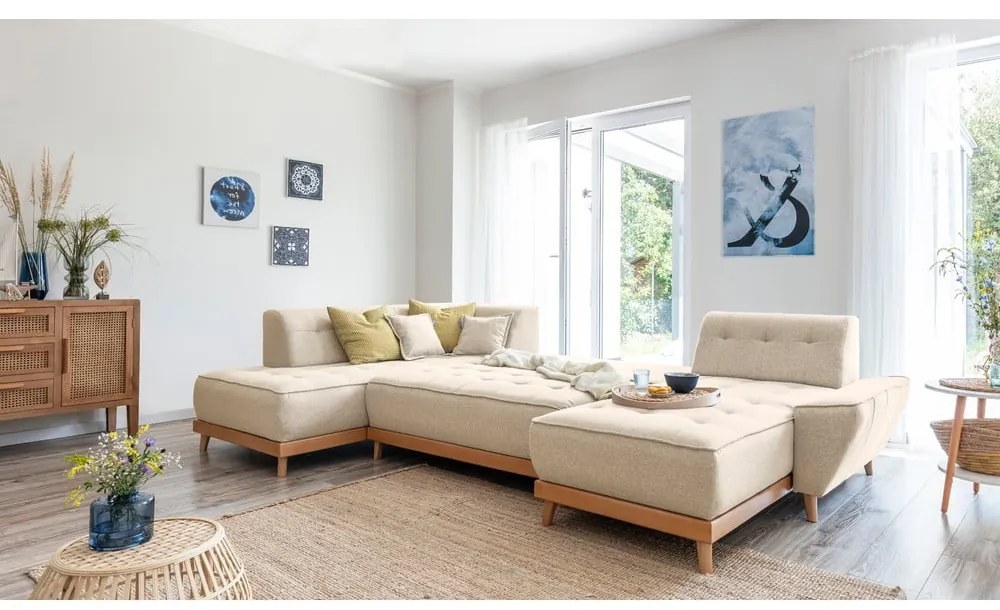 Бежов разтегателен диван в буквата "U", ляв ъгъл Dazzling Daisy - Miuform