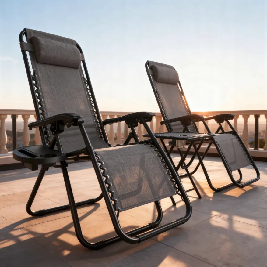 Комплект от 2 накланящи се градински стола с маса - сив