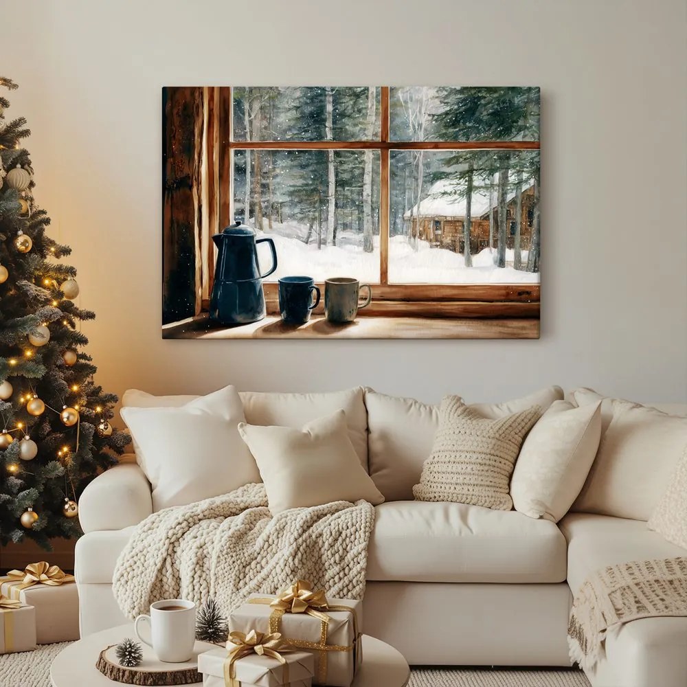 Картина на платно Коледна – Гледка от уютна горска хижа