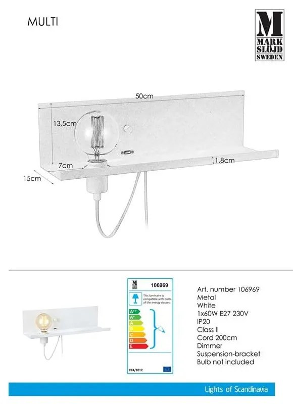 Бяла стенна лампа с USB станция за зареждане Multi - Markslöjd