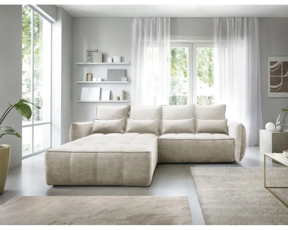 Бежов кадифен сгъваем/с място за съхранение ъглов диван (ляв ъгъл) Campo – ELTAP