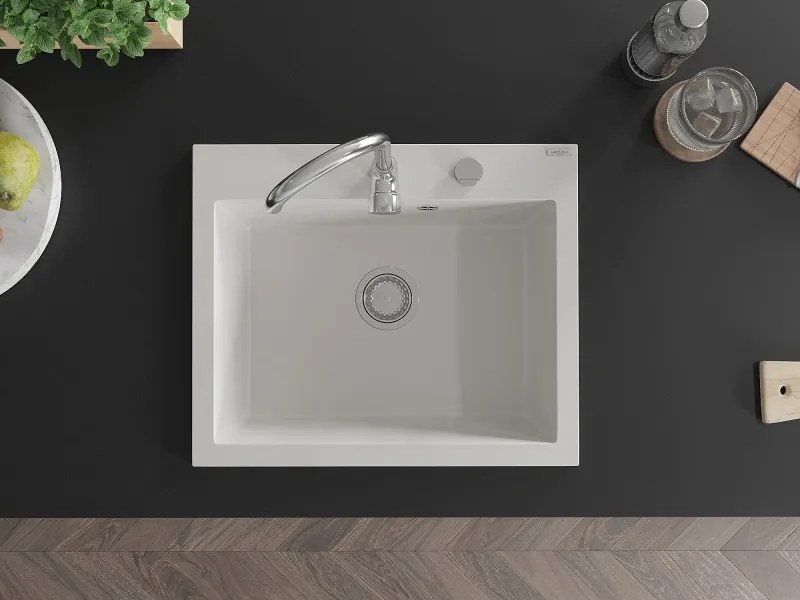 Mexen Elix гранитна кухненска мивка с 1 камера 600 x 500 mm, бяла, хромиран сифон - 6525601005-20