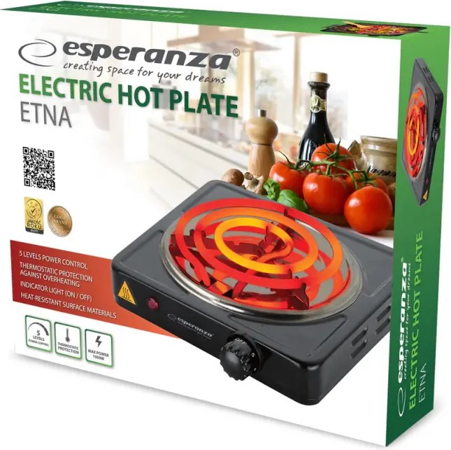 Електрически котлон Esperanza EKH012K, 1000W, Открит нагревател, 5 нива, Черен