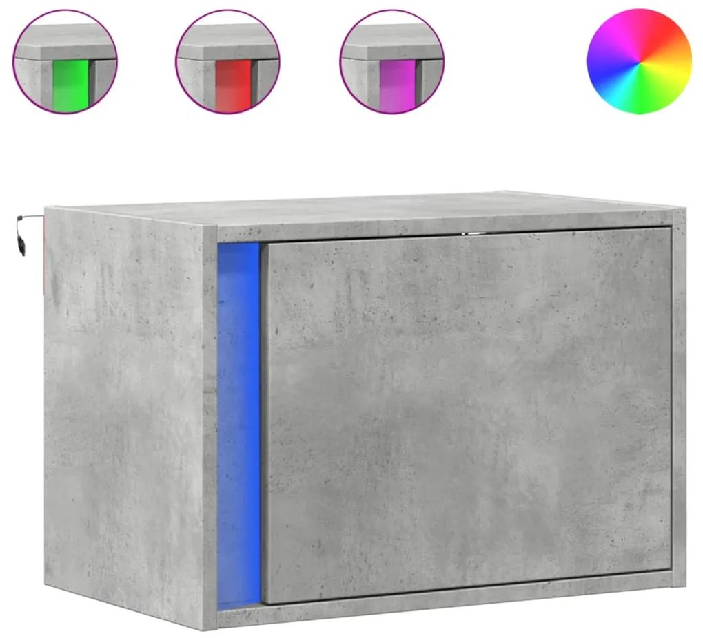 852096 vidaXL Нощни шкафчета за стена с LED осветление, 2 бр, бетонно сиви