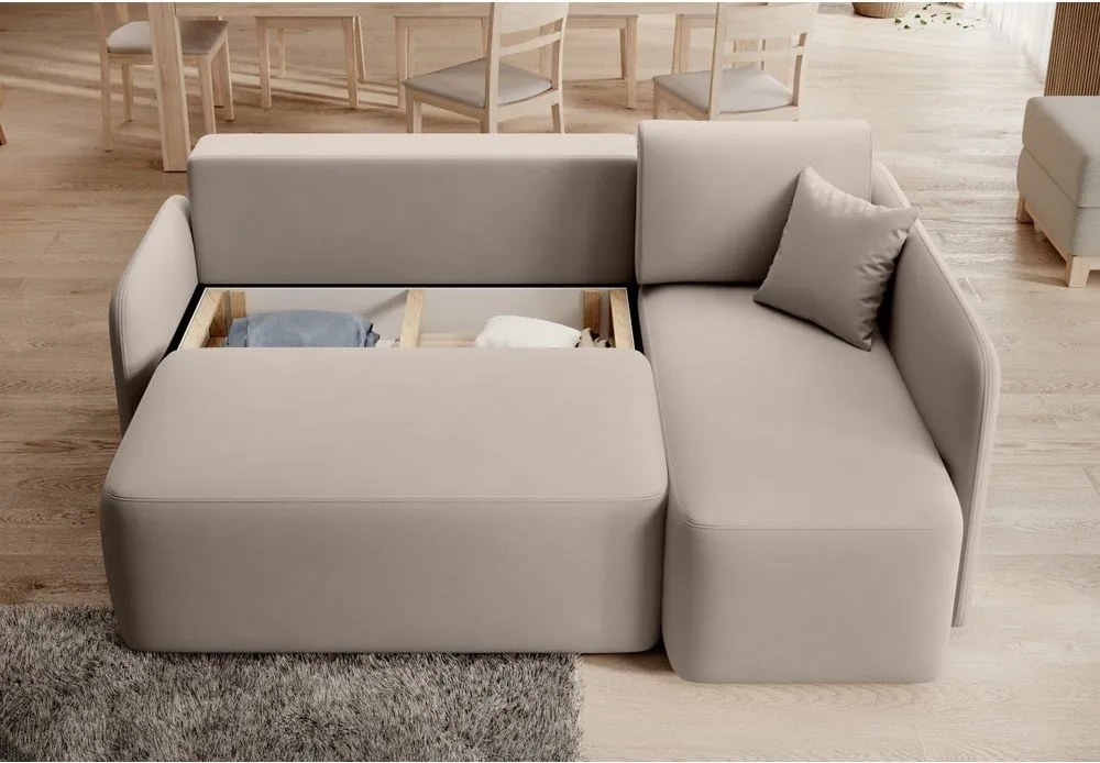 Бежов кадифен разтегателен ъглов диван с място за съхранение (десен ъгъл) Hadson – ELTAP