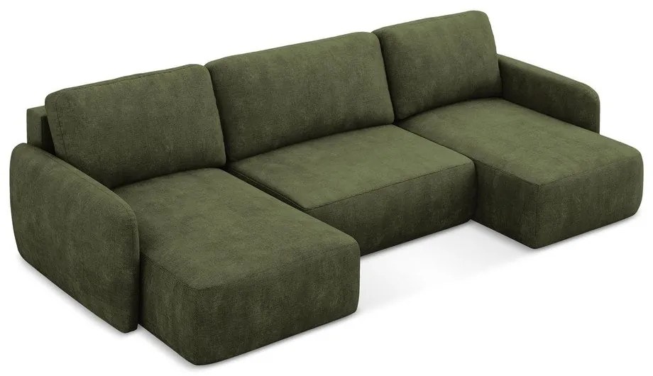 Зелен шенилов разтегателен ъглов диван с място за съхранение (U форма) Lilo – Makamii