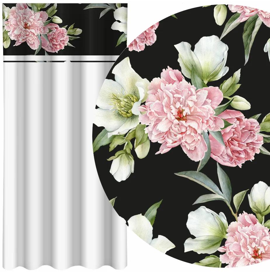 Обикновена бяла завеса с принт на розови и бели божури Ширина: 160 см | Дължина: 250 см