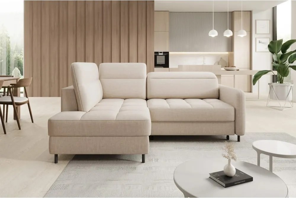 Бежов кадифен разтегателен ъглов диван с място за съхранение (ляв ъгъл L форма) Barea – ELTAP