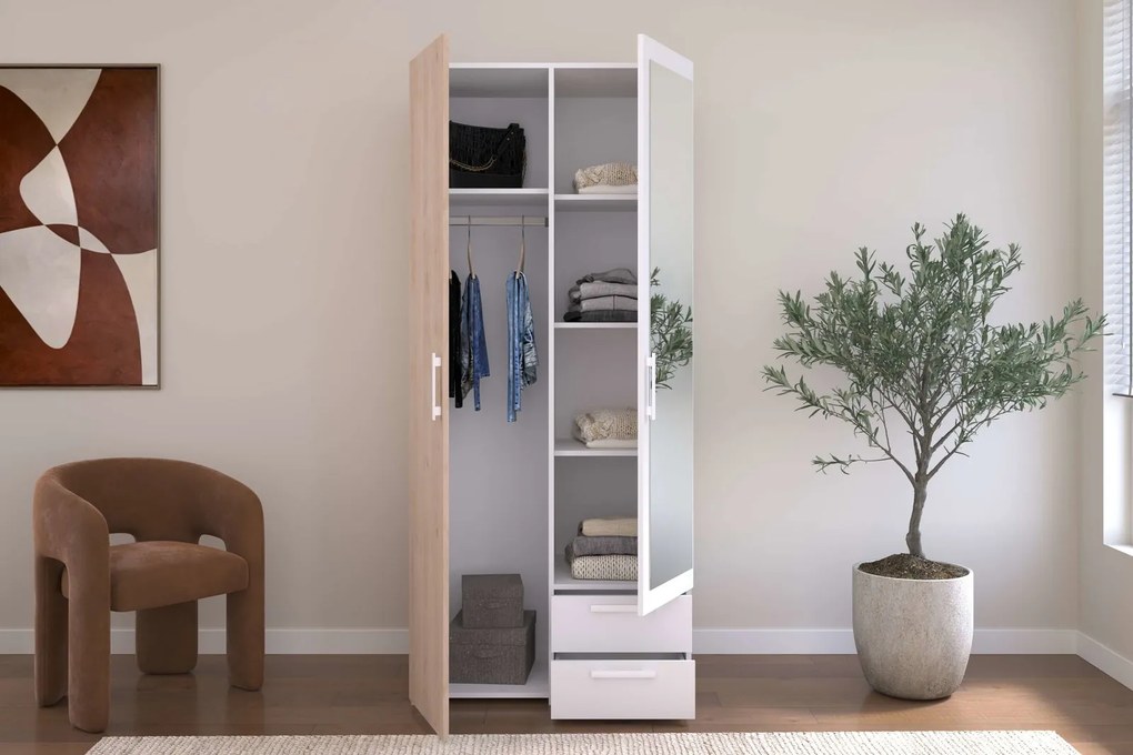 Гардероб Dorm 2-врати с огледало-Сонома - бял