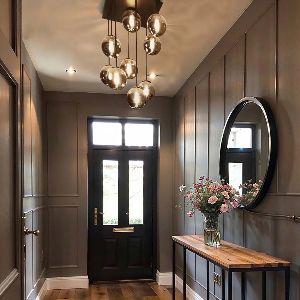 Модерна таванна лампа черна 9-лампа с димно стъкло - Атина