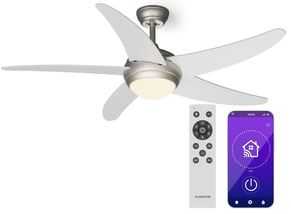 Klarstein Bolero 2 в 1 Smart, вентилатор за таван, Ø 132 cm, светлина 55 W, дистанционно управление, управление чрез приложение, двупосочно управление