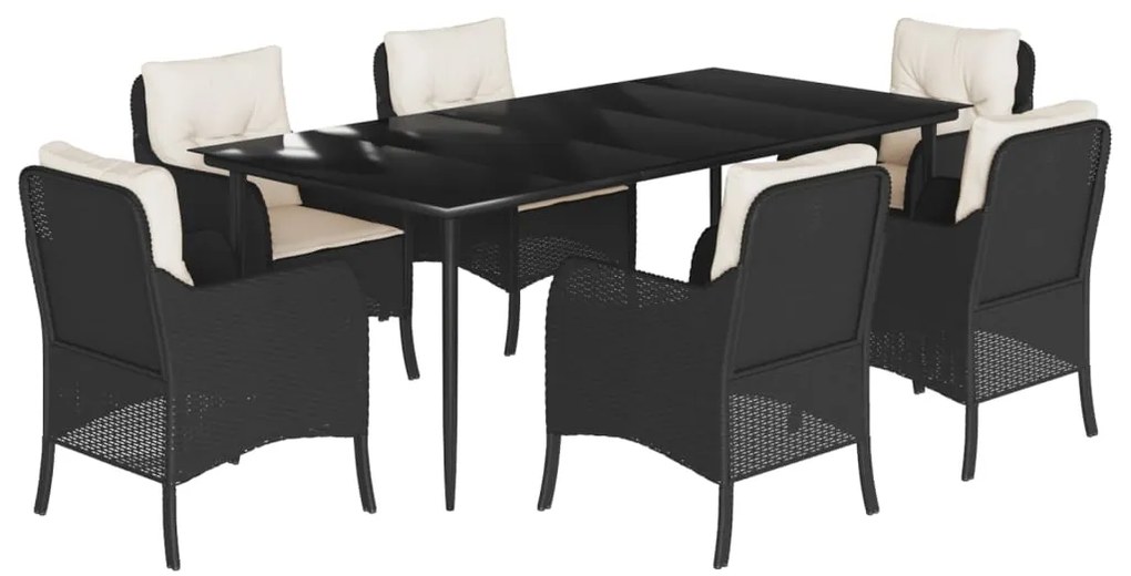 3211911 vidaXL Градински трапезен комплект 7 части възглавници черен полиратан