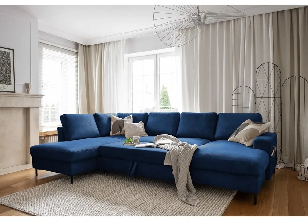 Тъмносин разтегателен ъглов диван от рипсено кадифе (ляв ъгъл) Lofty Lilly – Miuform