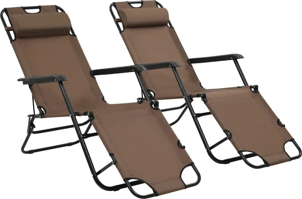 44346 vidaXL Сгъваеми шезлонги с подложки за крака, 2 бр, стомана, кафяви