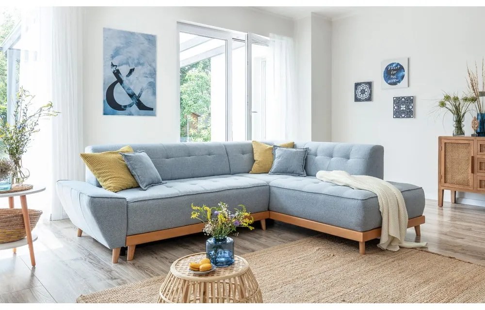 Светлосин ъглов разтегателен диван десен ъгъл Dazzling Daisy - Miuform