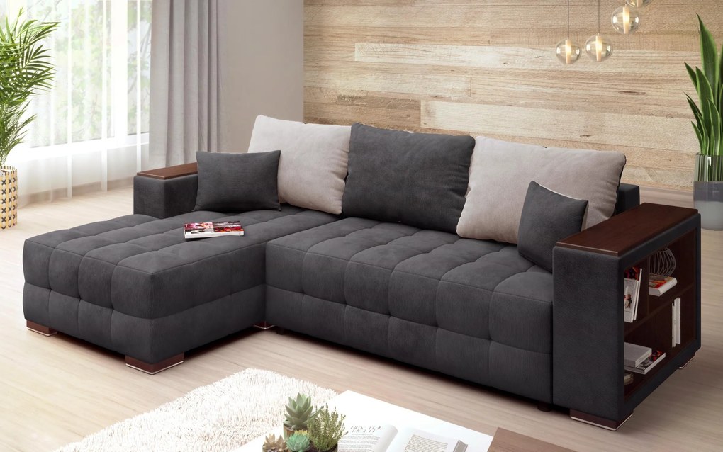 Разтегателен ъглов диван с подлакътник етажерка Мелвин Спринг S