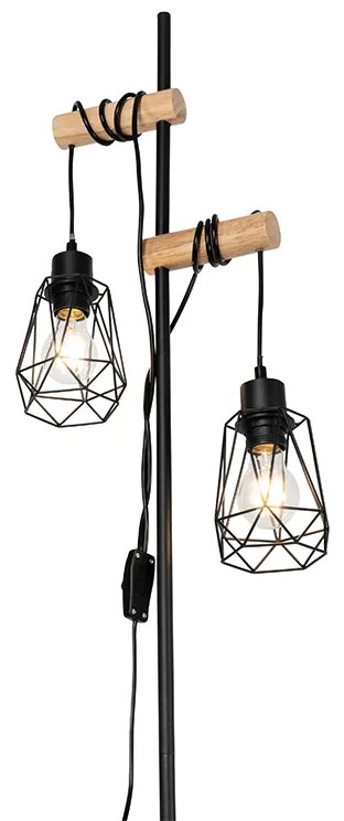 Ръстична подова лампа черна с дърво 2-светлина с абажур - Dami Frame