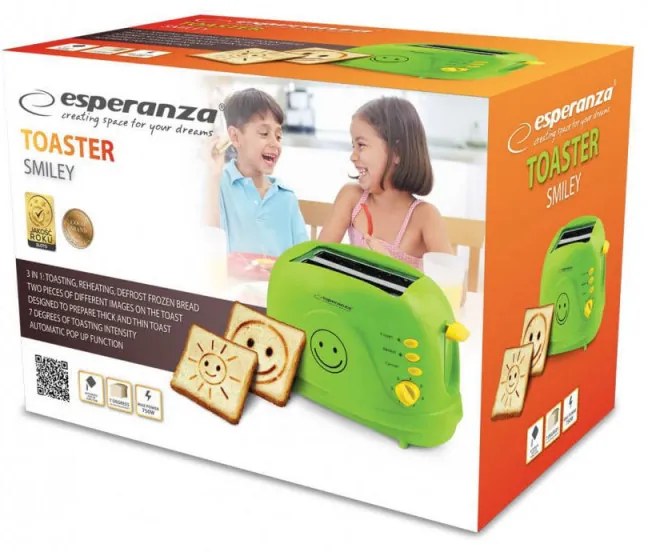 Тостер Esperanza EKT003 Smiley, 750W, 2 печата с усмивка, 7 степени, Зелен