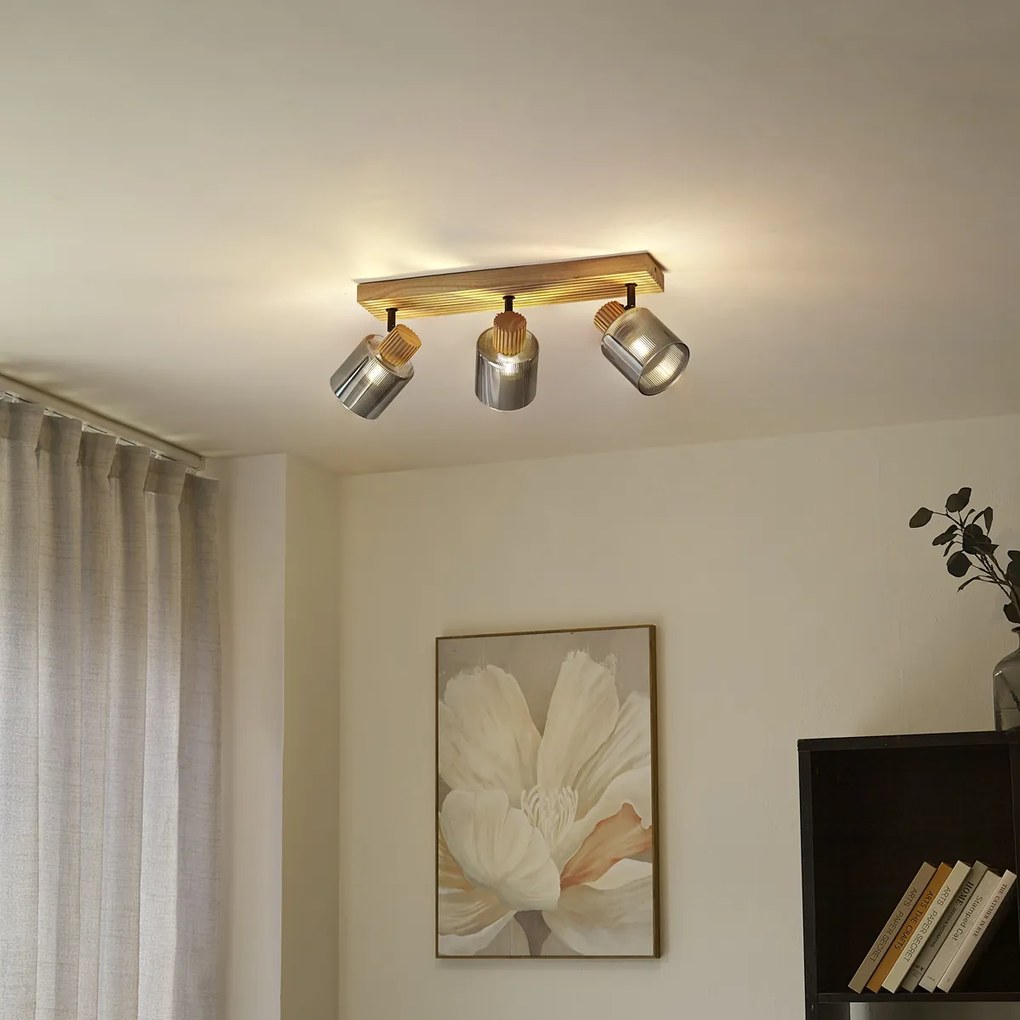 Smart spot hout met smoke glas 3-lichts draai- en kantelbaar incl. Wifi G45- Gracy