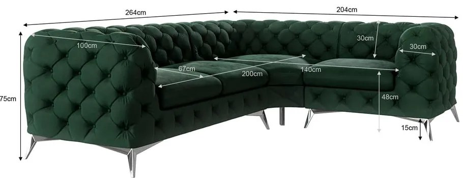 Тъмнозелен кадифен ъглов диван (десен ъгъл/L форма) Chelsea – Ropez