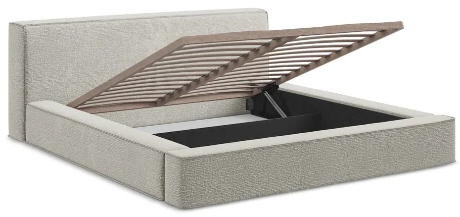 Светлосиво тапицирано двойно легло с място за съхранение и решетка 160x200 cm Noho - Makamii