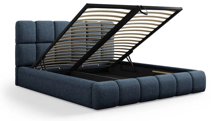 Тъмносиньо тапицирано двойно легло с място за съхранение и решетка 200x200 cm Bellis - Micadoni Home
