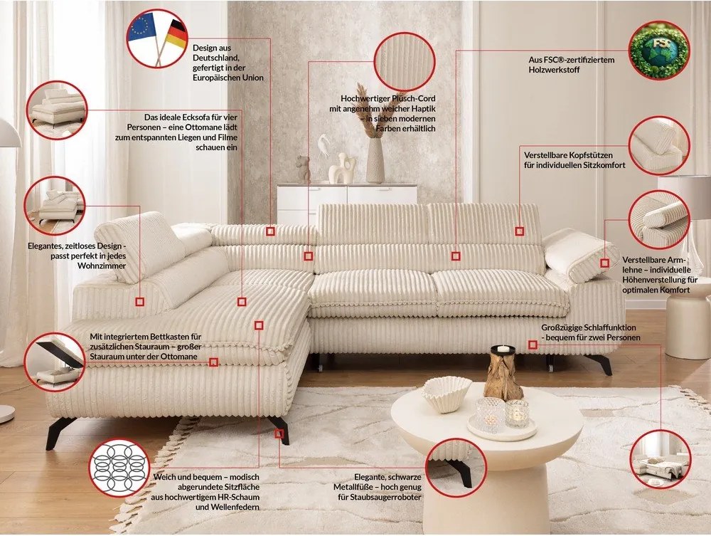 Бежов ъглов диван от рипсено кадифе (ляв ъгъл L форма) Marbeya – Ropez