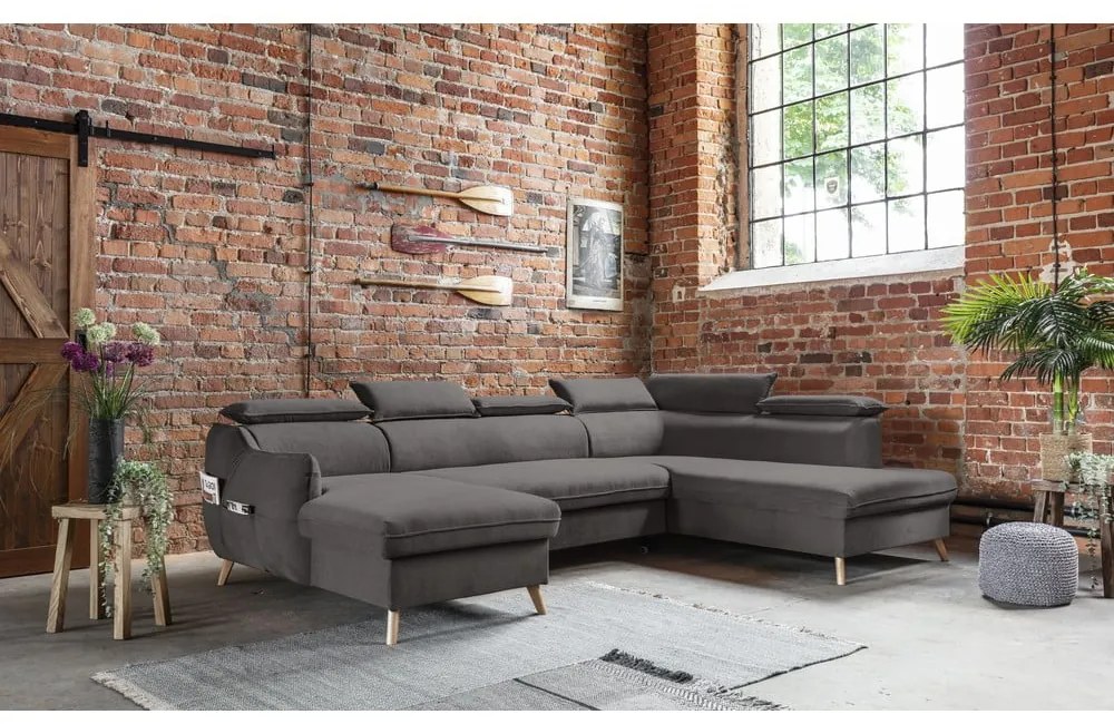 Тъмносив кадифен U-образен ъглов диван (десен ъгъл) Sweet Harmony - Miuform