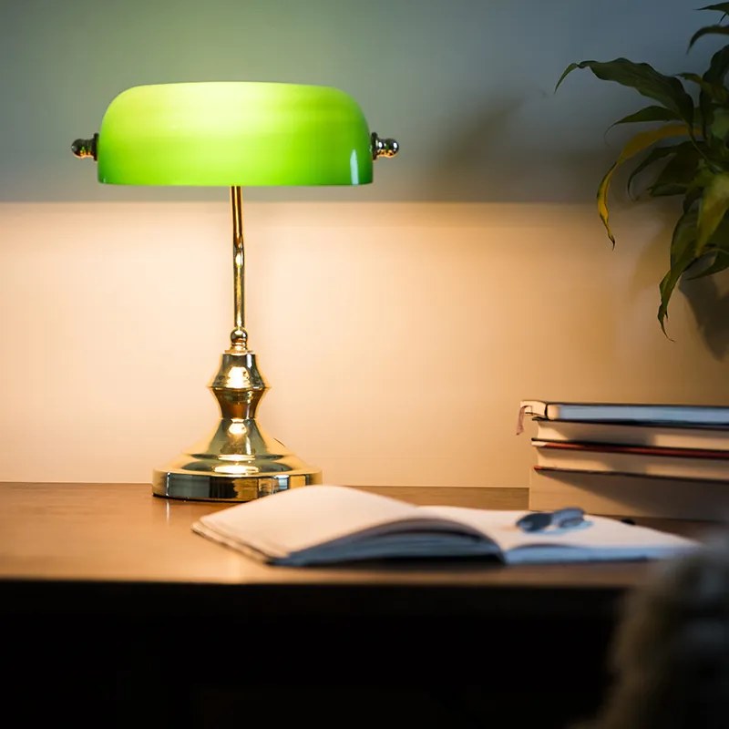 Класическа настолна лампа/нотариална лампа месинг със зелено стъкло - Banker