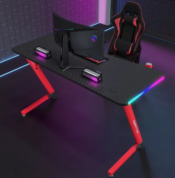 Черно-червена геймърска маса, PC маса с RGB LED осветление Šírka: 140 cm