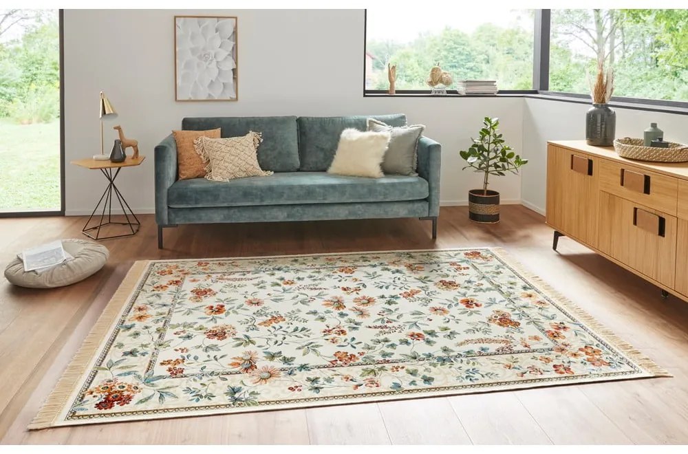 Кремав килим от вискоза 95x140 cm Oriental Flowers – Nouristan